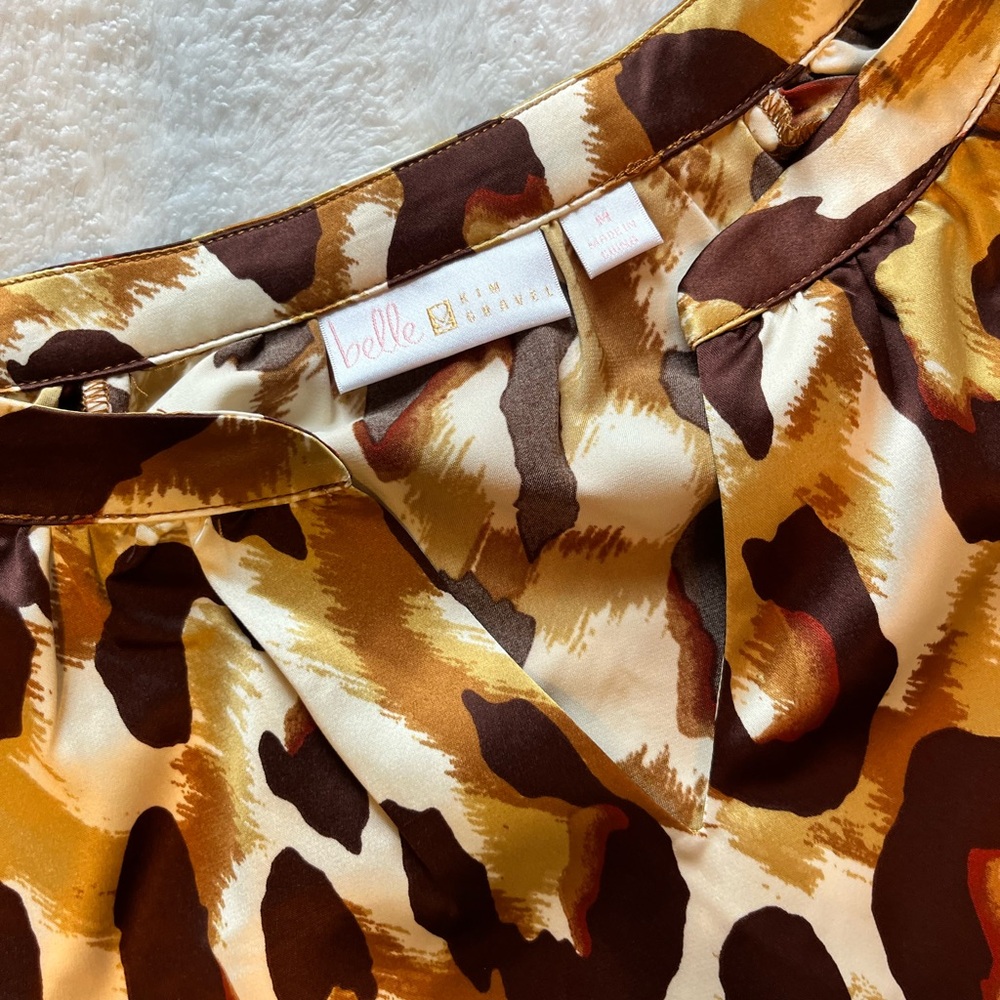 Belle by Kim Gravel Satin Leopard-Style Blouse in Brown, Gold & Ivory - Picture 2 of 4